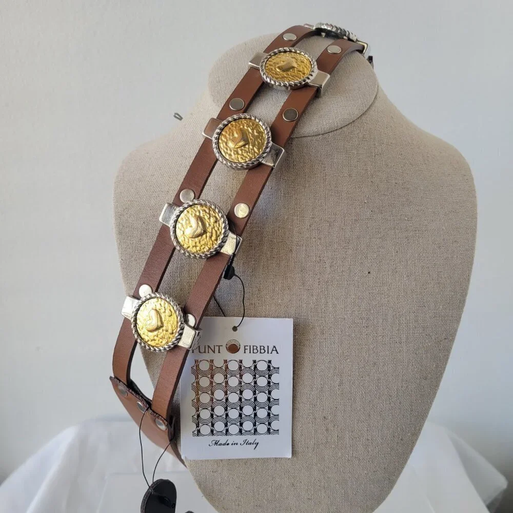Punt Fibbia Brown Genuine Leather Concho Belt w/Gold-tone Heart Medallions (Size